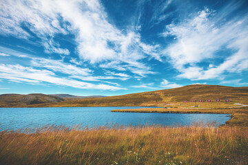 View of the fjord and beautiful sky. Beautiful nature of Norway. Arctic bay. Mageroya island....