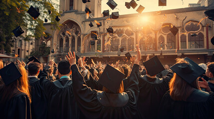 Group of students in black gowns, throwing up their hats in the air and celebrating with a university building in the background. End of education and graduation at sunset. - obrazy, fototapety, plakaty