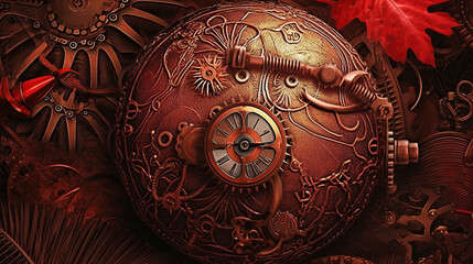 red,  vintage background, products, enginer, generative, ai, steampunk, background, clockwork, brooch, 