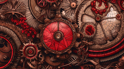 red,  vintage background, products, enginer, generative, ai, steampunk, background, clockwork, brooch,  - obrazy, fototapety, plakaty