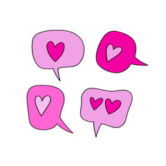 Pink aesthetic speech bubbles with hearts love message 14 February holiday vector illustration set isolated on white. Saint Valentines Day romantic love print collection.