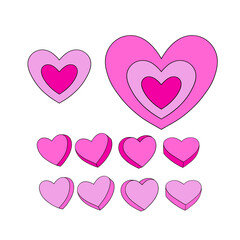 Pink aesthetic ray burst heart vector illustration set isolated on white. Saint Valentines Day romantic love print collection.