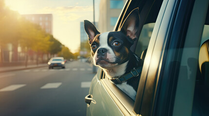 A French bulldog dog looks out of a car window driving along a city road. Products and equipment for traveling with a pet. - obrazy, fototapety, plakaty