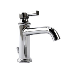 a modern faucet with chrome finish and a white background