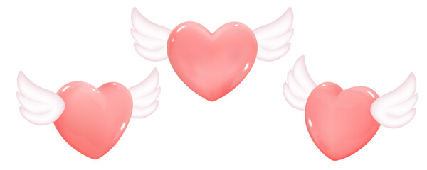Set of hearts with wings, isolated on white.