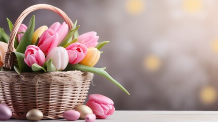 A beautiful basket with colorful tulips stands on the table next to a pastel blurred background with a copy space. Spring, Easter, flowers, floristry concepts.
