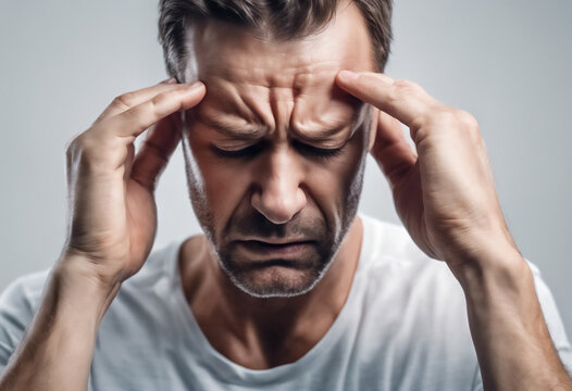 Uomo sofferente nel suo mal di testa, immagine adatta per pubblicità