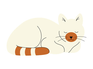 Adorable white cat with spots on face and tail, calmly sleeping. Hand drawn isolated vector illustration in flat design