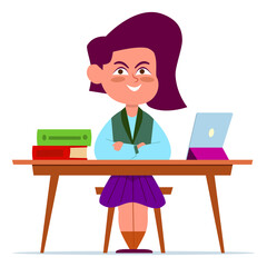 Funny school girl studying at desk. Cartoon character