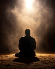 Silhouette of a Muslim man praying, surrounded by lots of light dew smoke, copy space - generative ai