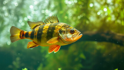 Fototapeta premium Perch in an aquarium. Close-up of a freshwater fish.