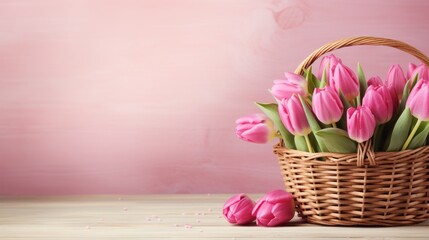 Obraz premium A beautiful basket with pink tulips stands on the table next to a pastel pink background with a copy space. Spring, Easter concepts.