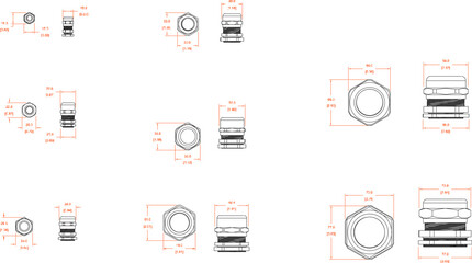 collection of vector sketch illustrations of screw bolt designs with detailed sizes