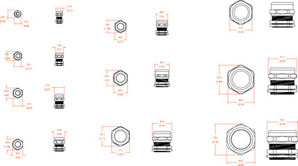 collection of vector sketch illustrations of screw bolt designs with detailed sizes