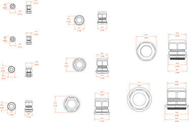 collection of vector sketch illustrations of screw bolt designs with detailed sizes