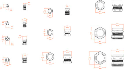collection of vector sketch illustrations of screw bolt designs with detailed sizes