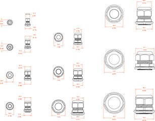 collection of vector sketch illustrations of screw bolt designs with detailed sizes