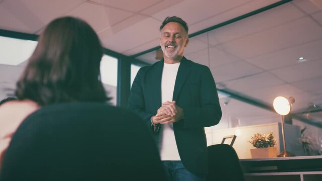 Business people, handshake and meeting success, introduction or welcome for b2b partnership. Professional man, woman or clients shaking hands for collaboration, onboarding and thank you or promotion