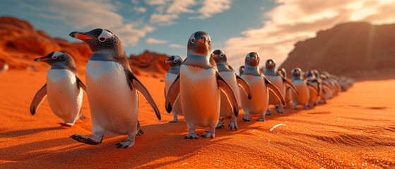 Pinguin-Gruppe im Zeichen des Umweltschutzes - obrazy, fototapety, plakaty