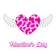 Retro cow spotted heart with angel wings pink aesthetic vector illustration isolated on white. Howdy Saint Valentines Day holiday romantic love print.