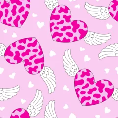 Schilderijen op glas Retro cow spotted heart with angel wings pink aesthetic vector seamless pattern. Saint Valentines Day romantic love background. © AngellozOlga