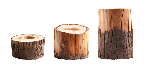 collection of wooden stumps isolated on a white background. wood stump png, Hardwood trees stub collection cut out backgrounds,  - obrazy, fototapety, plakaty