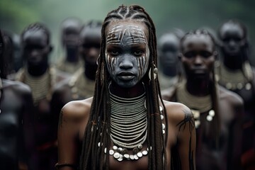 Portrait of a tribal woman with her face painted white.
