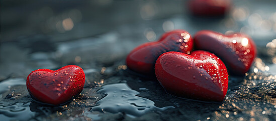 Red hearts on a black background with water drops. Valentine's Day.