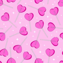 Fotobehang Sweet heart shaped lollipop pink aesthetic vector seamless pattern. Saint Valentines Day romantic love background. © AngellozOlga
