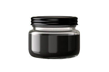 a glass jar with black liquid on a white background