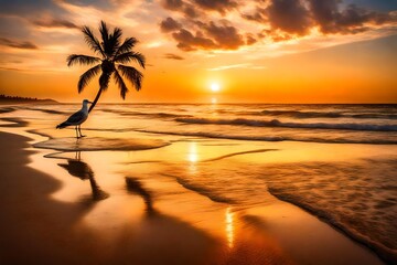 A mesmerizing sunset casts a warm, golden hue over a pristine beach, with crystal-clear waters gently lapping at the shore, while seagulls gracefully soar in the sky