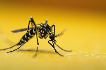 mosquito on a yellow background. Close-up. Copy space