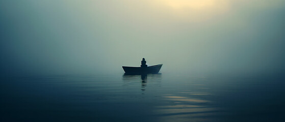 A lonely man sitting in a boat in the middle of a vast lake. Dark foggy, misty wheather, overcast. Sunlight filtering through the thick clouds. - obrazy, fototapety, plakaty