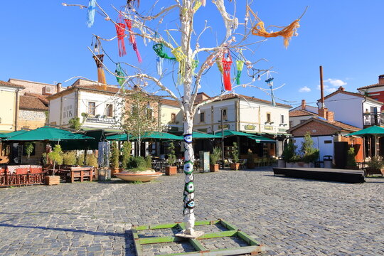 September 13 2023 - Korca, Albania: impressions of the traditional part of the city, locals and tourists enjoy the city