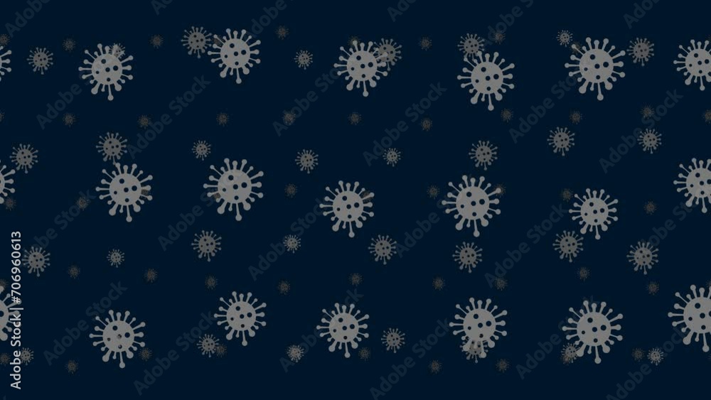 Poster coronavirus symbols float horizontally from left to right. parallax fly effect. floating symbols are
