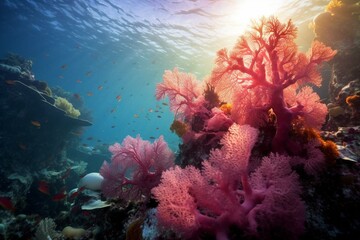 Fototapeta na wymiar Red soft corals in Indonesia. Generative AI