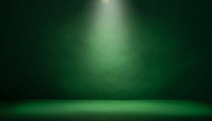 Empty studio with a beam of light on dark green paper background. Minimalist mockup, podium display and showcase, studio room, Desk illuminated by spotlight, interior room for displaying products