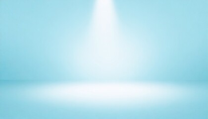 Empty studio with a beam of light on light pale blue paper background. Minimalist mockup, podium display and showcase, studio room, Desk illuminated by spotlight, interior room for displaying products