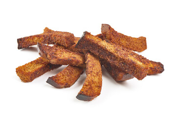 Crispy rye croutons, isolated on white background.