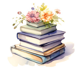 Watercolor pile of books with flowers