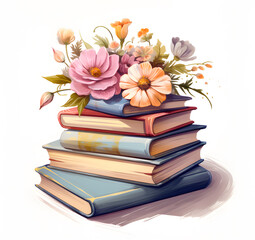 Watercolor pile of books with flowers
