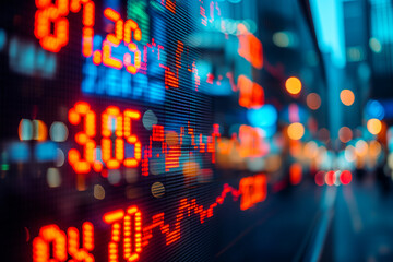 Obraz premium Financial stock exchange market display screen board on the street, selective focus. The concept of fundamental analysis. Double exposure.