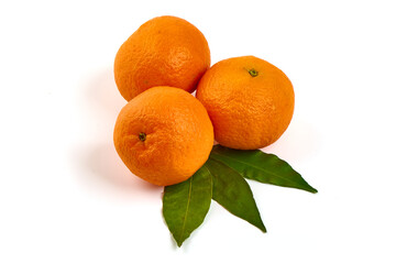 Mandarin. Tangerines with leaves, isolated on white background.