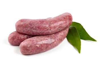 Meaty raw pork bangers, isolated on white background.
