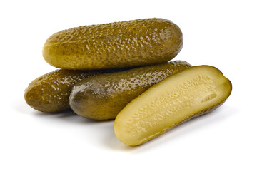 Marinated pickled cucumbers, gherkin, salted cornichon, isolated on white background.