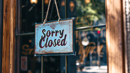 Closed sign hanging front of cafe mirror door. Business service and food drink concept. Vintage tone filter effect color style.