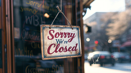 Closed sign hanging front of cafe mirror door. Business service and food drink concept. Vintage tone filter effect color style.