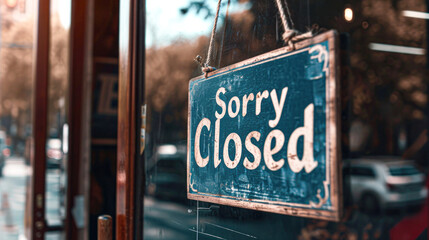 Obraz premium Closed sign hanging front of cafe mirror door. Business service and food drink concept. Vintage tone filter effect color style.