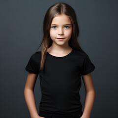 Obraz premium Girl kid wearing black t-shirt standing in front of camera, plain background