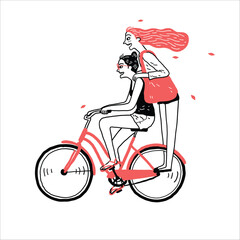 Pretty girl dress casual cycling with friend.